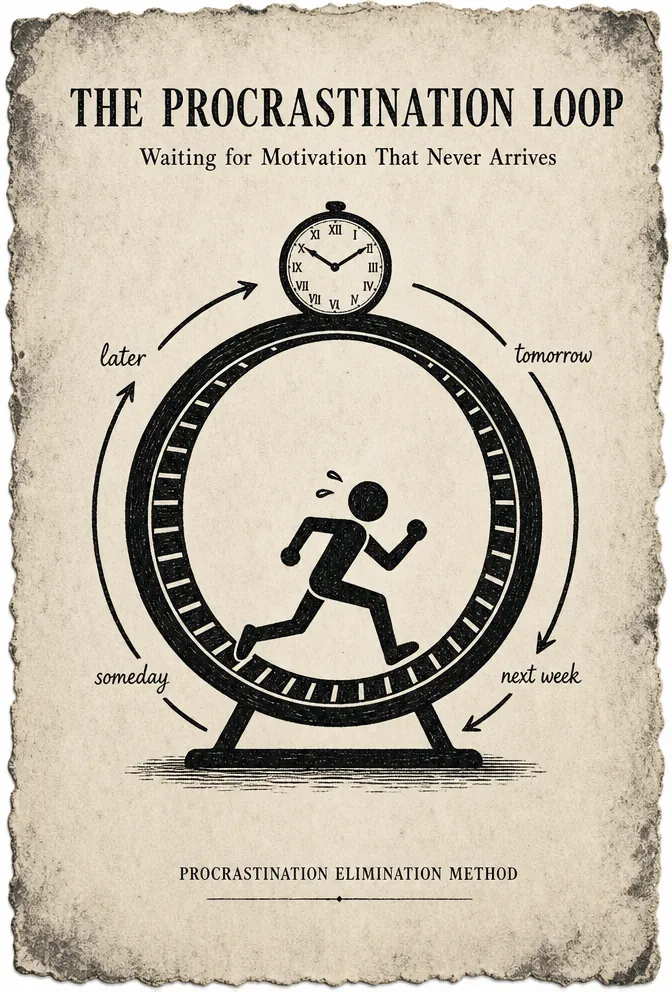 Illustrated plate of a stick figure running inside a hamster wheel labelled later, tomorrow, next week, someday