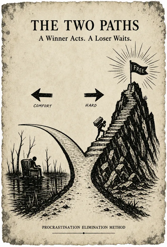 Illustrated plate of a road forking into a comfortable swamp on one side and a hard mountain staircase to freedom on the other